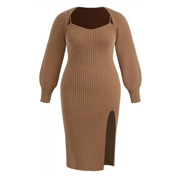 NWT CIDER 2 Piece Sweater Dresses for Women Winter Slit Long 0X Coffee Plus Size - Picture 1 of 16